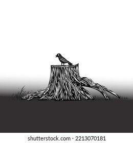 Hand drawn trees sketch landscape black and white vector illustration.
