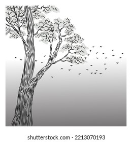 Hand drawn trees sketch landscape black and white vector illustration.