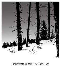 Los árboles dibujados a mano esbozan una ilustración vectorial en blanco y negro.