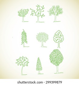 Hand drawn trees vector logo set - (illustration, sign, symbol,, icon)