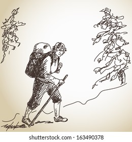 Hand drawn trekking woman with backpack Vector