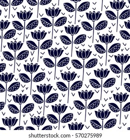 Hand drawn trend floral pattern with messy dot, dark blue and white, seamless repeating flower vector illustration.