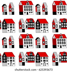 hand drawn trend houses illustrations seamless pattern, cartoon outline city background, decorative houses design print for textile, paper, cards, posters