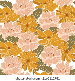 Hand drawn trendy Abstract blossom flowers. Floral seamless pattern. Trendy earth tone floral design for fashion, fabric,  textile, wallpaper, cover, banner, card, invitation, wrapping paper. Vector