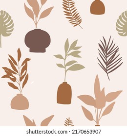 Hand drawn Trendy Abstract Houseplant in the Pot. Floral seamless Pattern.Cute groovy flowers for fabric, textile, wrapping, wallpaper, cover. Aesthetic simple abstract floral background