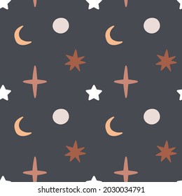 Hand drawn trendy abstract illustrations with polka dot shapes, crescent. star. Creative collage seamless patterns. 