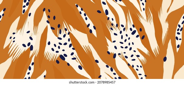 Hand drawn trendy abstract tiger striped print with dots. Modern fashionable template for design.