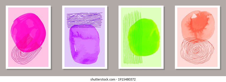 Hand drawn trendy banners vector collection. Watercolor blots shapes. 60s style design. Cool artistic cover layouts. Brush stroke elements.