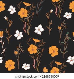 Fleurs de fleurs en fleurs tendance dessinées à la main. Motif floral harmonieux. Conception florale à la mode, tissu, papier peint, couverture, bannière, carte, invitation, papier d'emballage. Image vectorielle