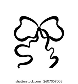 Hand drawn trendy bow made of thin ribbon with curly ends. Wedding celebration, holiday, party decoration, gift, birthday concept. Coquette Aesthetic style. Elegant vector illustration.