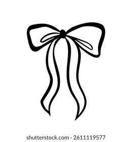Hand drawn trendy bow made of wide ribbon with wavy ends. Wedding celebration, holiday, party decoration, gift, birthday concept. Coquette Aesthetic style. Elegant vector illustration.