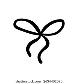 Hand drawn trendy bow made of thin ribbon with wavy ends. Wedding celebration, holiday, party decoration, gift, birthday concept. Coquette Aesthetic style. Elegant vector illustration.