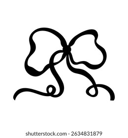 Hand drawn trendy bow made of thin ribbon with curly ends. Wedding celebration, holiday, party decoration, gift, birthday concept. Coquette Aesthetic style. Elegant vector illustration.