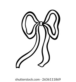 Hand drawn trendy bow made of wide ribbon with wavy ends. Wedding celebration, holiday, party decoration, gift, birthday concept. Coquette Aesthetic style. Elegant vector illustration.