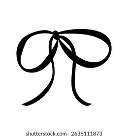 Hand drawn trendy bow made of thin ribbon. Wedding celebration, holiday, party decoration, gift, birthday concept. Coquette Aesthetic style. Elegant vector illustration.