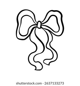 Hand drawn trendy bow made of wide ribbon with wavy ends. Wedding celebration, holiday, party decoration, gift, birthday concept. Coquette Aesthetic style. Elegant vector illustration.