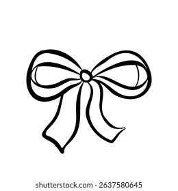 Hand drawn trendy bow made of wide ribbon with wavy ends. Wedding celebration, holiday, party decoration, gift, birthday concept. Coquette Aesthetic style. Elegant vector illustration.