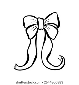 Hand drawn trendy bow made of wide ribbon with wavy ends. Wedding celebration, holiday, party decoration, gift, birthday concept. Coquette Aesthetic style. Elegant vector illustration.