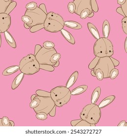 Hand Drawn Trendy Bunny Print for Kids on Pink Background Seamless Pattern