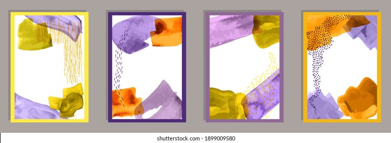 Hand drawn trendy canvas vector set. Watercolor smudges backgrounds. Chinese style prints. Cool artwork templates. Scribble elements.