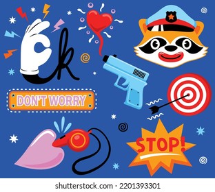 hand drawn trendy cartoon element illustration with funny raccoon and cops element