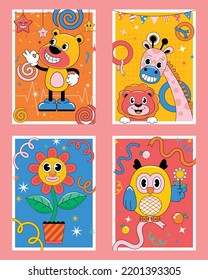 hand drawn trendy cartoon element illustration with funny animals and flower