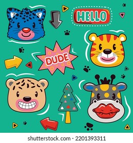 hand drawn trendy cartoon element illustration with funny animals face