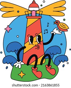 Hand drawn trendy cartoon vector illustration The lighthouse sings by the sea with bird