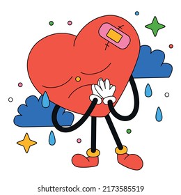 Hand drawn trendy cartoon vector illustration Broken heart heart hurts crying