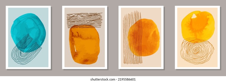 Hand drawn trendy covers vector set. Watercolor splashes texture. 60s style prints. Cool home decor templates. Scribble elements.
