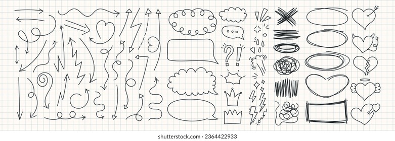 Hand drawn trendy doodles on a checkered piece of paper background. Various shapes, arrows, heart, speech bubble, crown. Cute comics style. Vector.