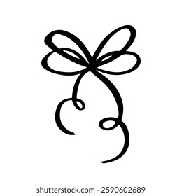 Hand drawn trendy double airy bow made of thin ribbon with curly ends. Wedding celebration, holiday, party decoration, gift, present concept. Coquette Aesthetic style. Elegant vector illustration.