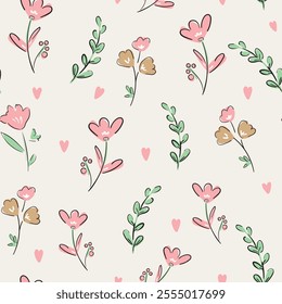 Hand Drawn Trendy Flowers Seamless pattern, Vector illustration summer spring print 