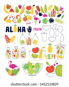 Hand drawn trendy fruits set. Aloha summer illustrations bundle. Fresh fruits and leaves modern line symbols.