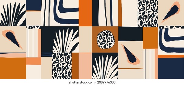 Hand Drawn Trendy Geometric Abstract Print With Leopard Skin. Colorful Modern Collage Pattern. 