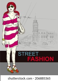 Hand drawn trendy girl on the city sketch background
