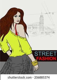 Hand drawn trendy girl on the city sketch background
