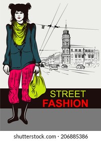 Hand drawn trendy girl on the city sketch background