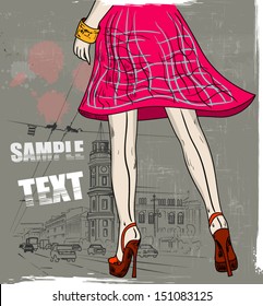 Hand drawn trendy girl in skirt on the city sketch backgroung 