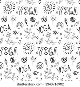 Hand drawn trendy graphic seamless pattern with doodle. Line drawing. Graphic Yoga elements seamless vector design. 
