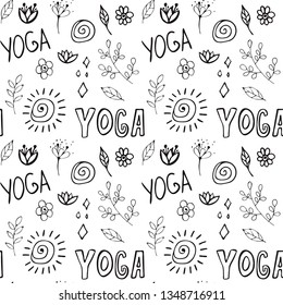 Hand drawn trendy graphic seamless pattern with doodle. Line drawing. Graphic Yoga elements seamless vector design. 