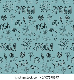 Hand drawn trendy graphic seamless pattern with doodle. Line drawing. Graphic Yoga elements seamless vector design. on green background