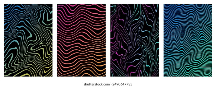 Hand drawn trendy groovy backgrounds, rectangle patterns set. Gradient colorful marble stains striped templates bundle. Distorted curved uneven stripes, warped streaks, fluid liquid wavy lines, waves