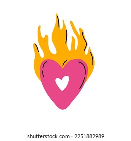 Hand drawn trendy heart in fire vector illustration.