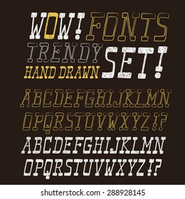 Hand drawn trendy italic vector ABC letters. Textured outline and sketchy type. Two different; fonts set for your design.