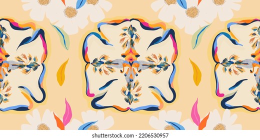 Hand drawn trendy mixed ethnic style floral print. Dynamic bright abstract botanical illustration. Fashionable template for design. 