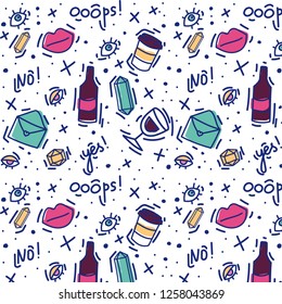 Hand drawn trendy pattern with coffee,wine,lips,diamonds, bottle etc. Hipster background.