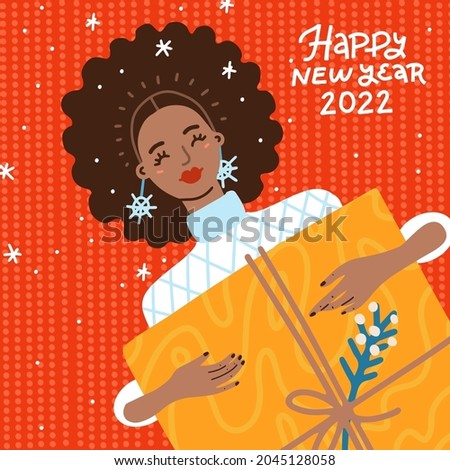 Hand drawn trendy portrait of African American woman holding big gift box in hands. Celebration of Christmas holiday and New year. Happy lady with afro hairstyle. Xmas surprise
