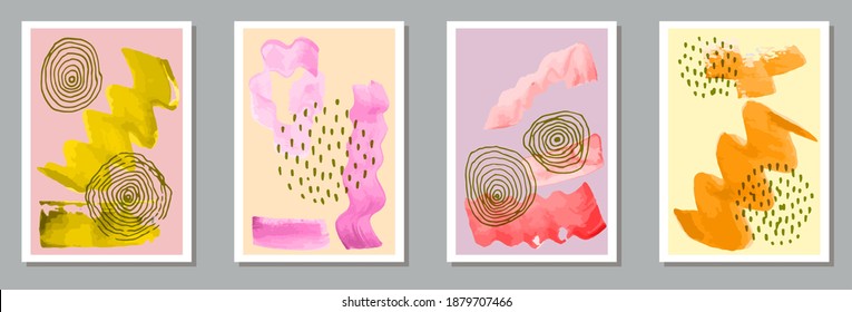 Hand drawn trendy postcards vector collection. Watercolor stains backgrounds. Scandinavian style prints. Stylish home decor templates. Brush stroke elements.