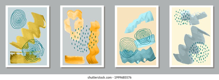 Hand drawn trendy postcards vector set. Watercolor blots texture. Nordic style prints. Stylish house decor templates. Doodle elements.